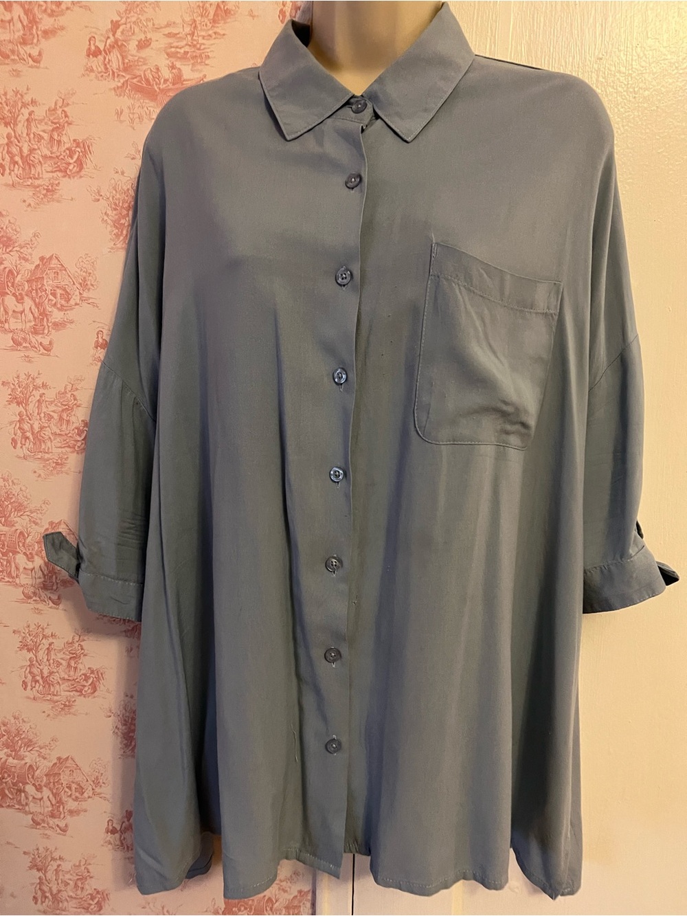 Blue Button-Up Tie Sleeve Top with Side Slits